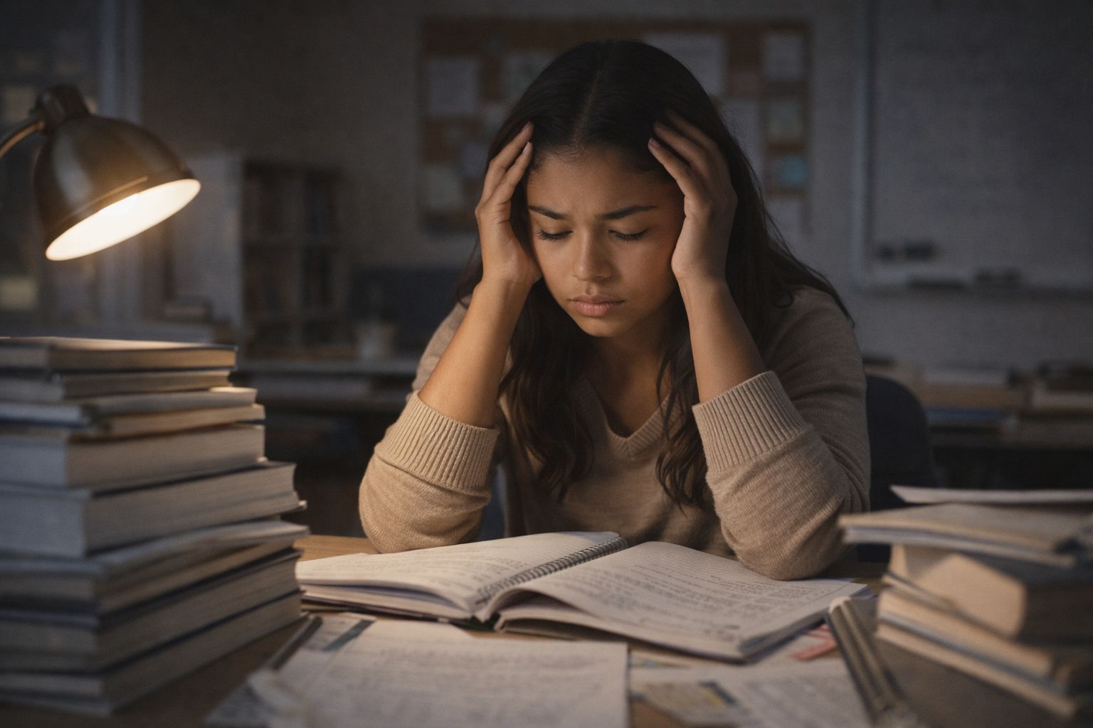 A young adult sitting at a desk surrounded by books and papers looking overwhelmed, representing academic pressure on students