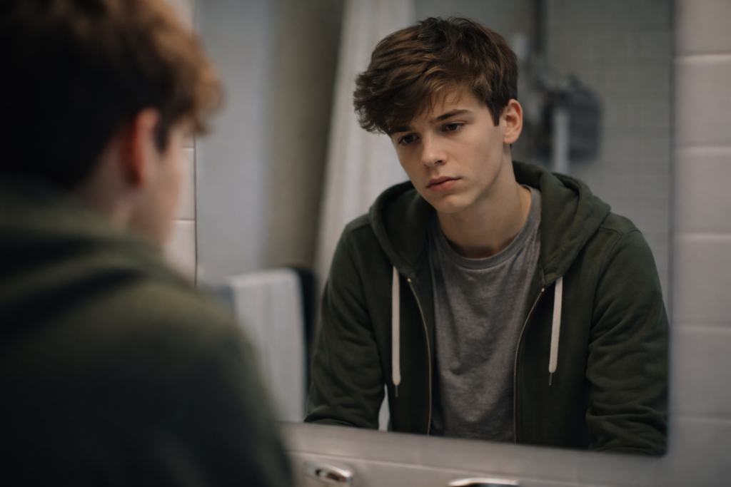 A teen sitting alone looking down, representing the weight of low self-esteem in teens