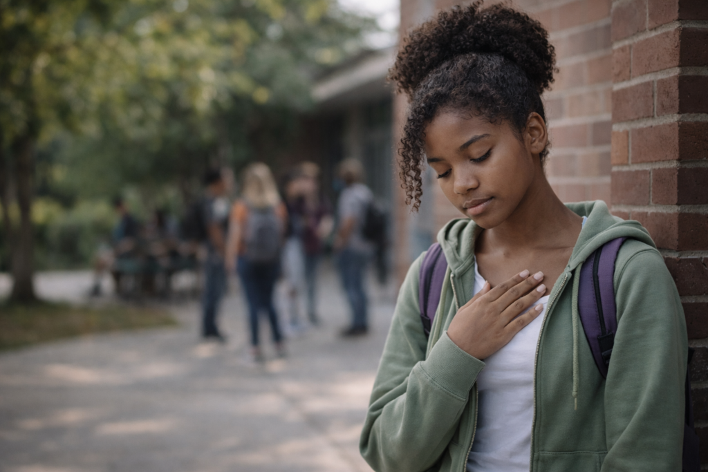 A teen pausing to collect themselves before walking into a social situation, representing tools for overcoming social anxiety