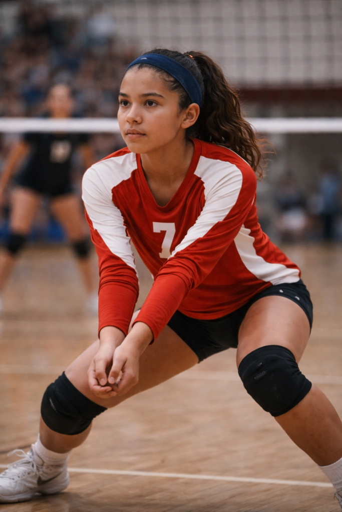 A teen girl volleyball player in a low ready position on the court, arms together and face focused, preparing to dig the ball during a game.