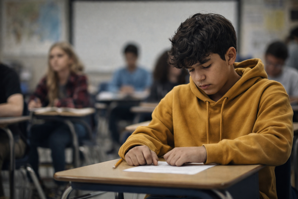 A student sitting at his desk in class looking down, representing social anxiety at school