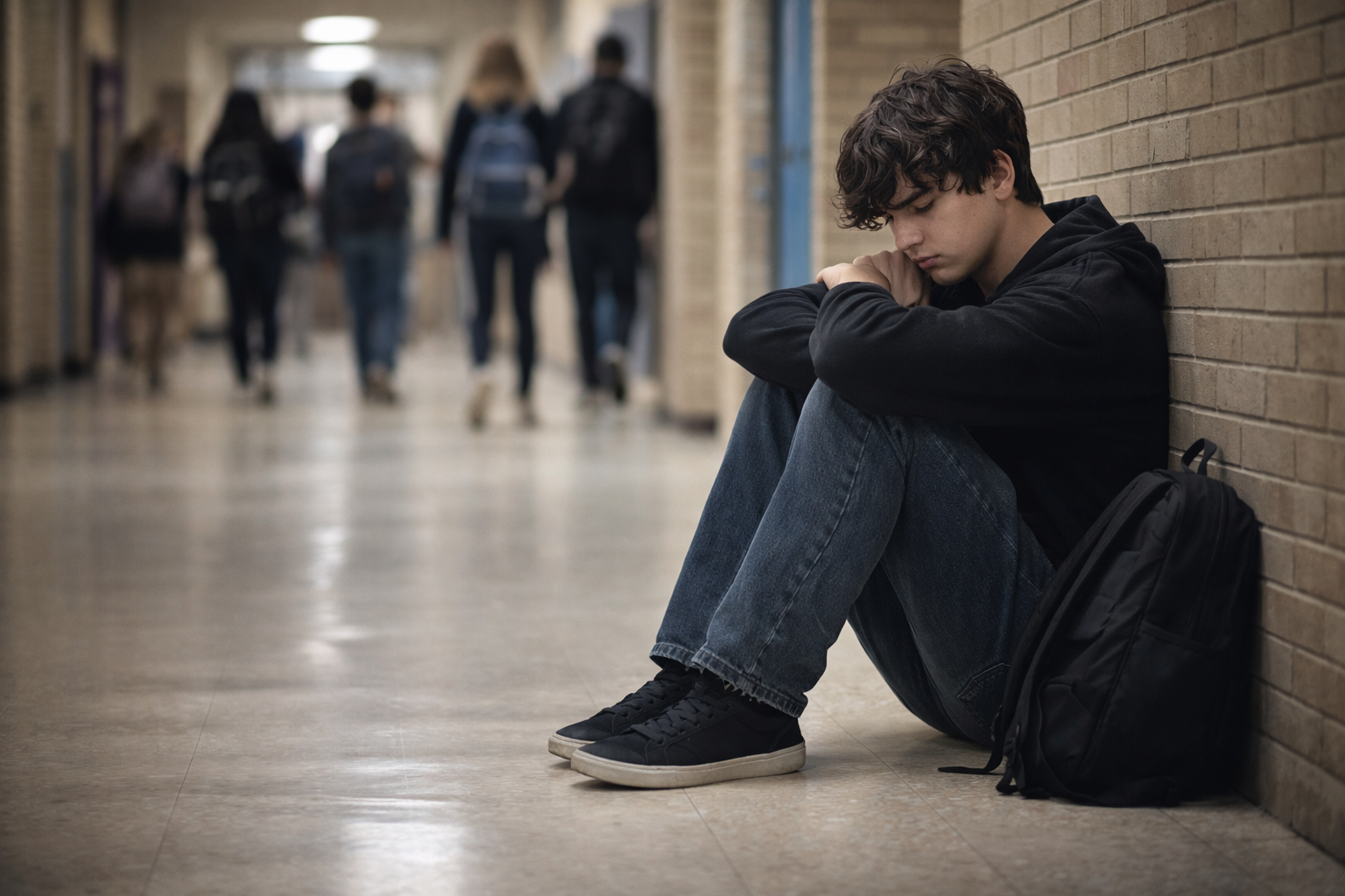 A teen sitting alone in a school hallway while other students walk past, representing social anxiety in teens