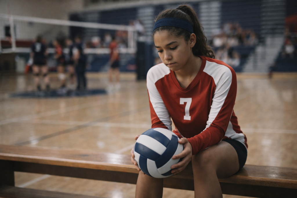 A teen girl volleyball player sitting alone on a bench before a game, looking down at a volleyball in her hands with a nervous expression, representing sports anxiety in young athletes.