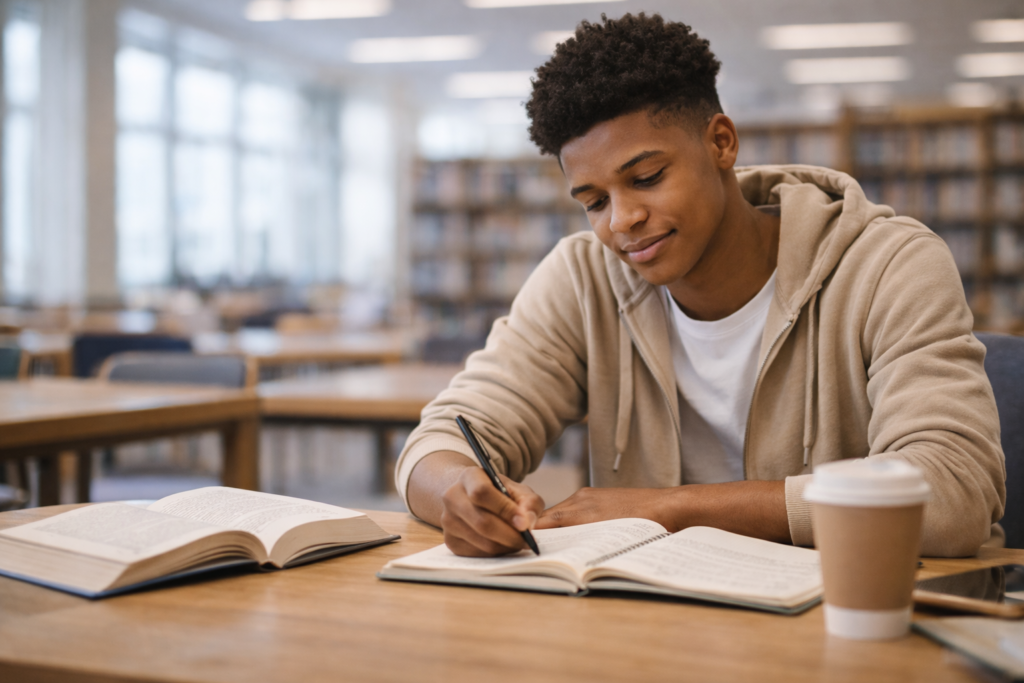 a young adult Black male sitting at a library table with an open notebook, writing with focus and calm determination. 