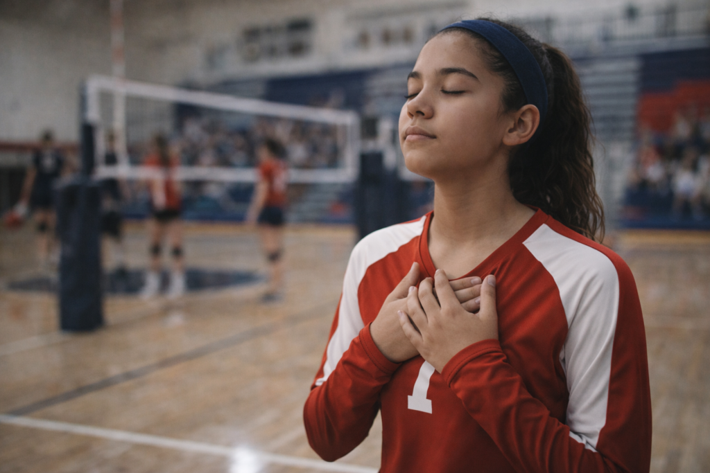 A teen girl volleyball player standing on the sideline before a game, eyes closed and hands on her chest as she takes a deep breath, representing managing sports anxiety before competing.