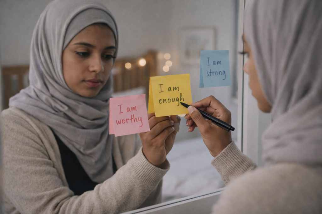 A young adult muslim young adult writing a positive note on a sticky on their mirror, representing daily affirmation practices for low self-esteem in teens