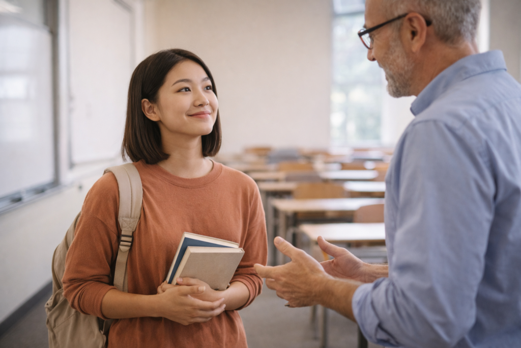A young adult student talking to a teacher or professor after class, representing seeking support to manage academic pressure on students