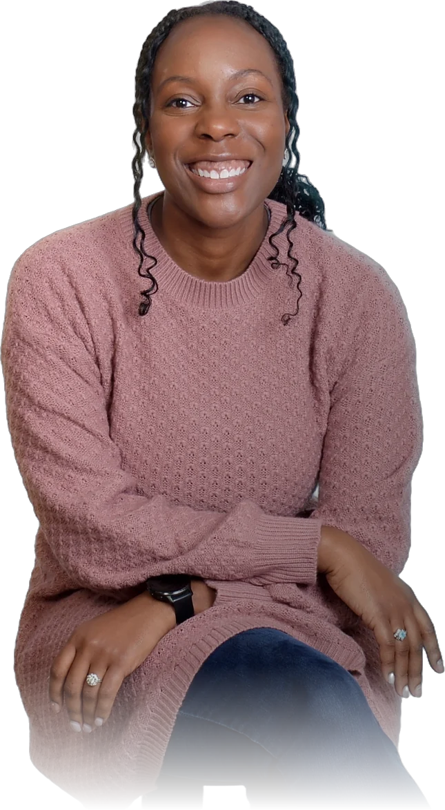 Jessica Davis, seated and smiling